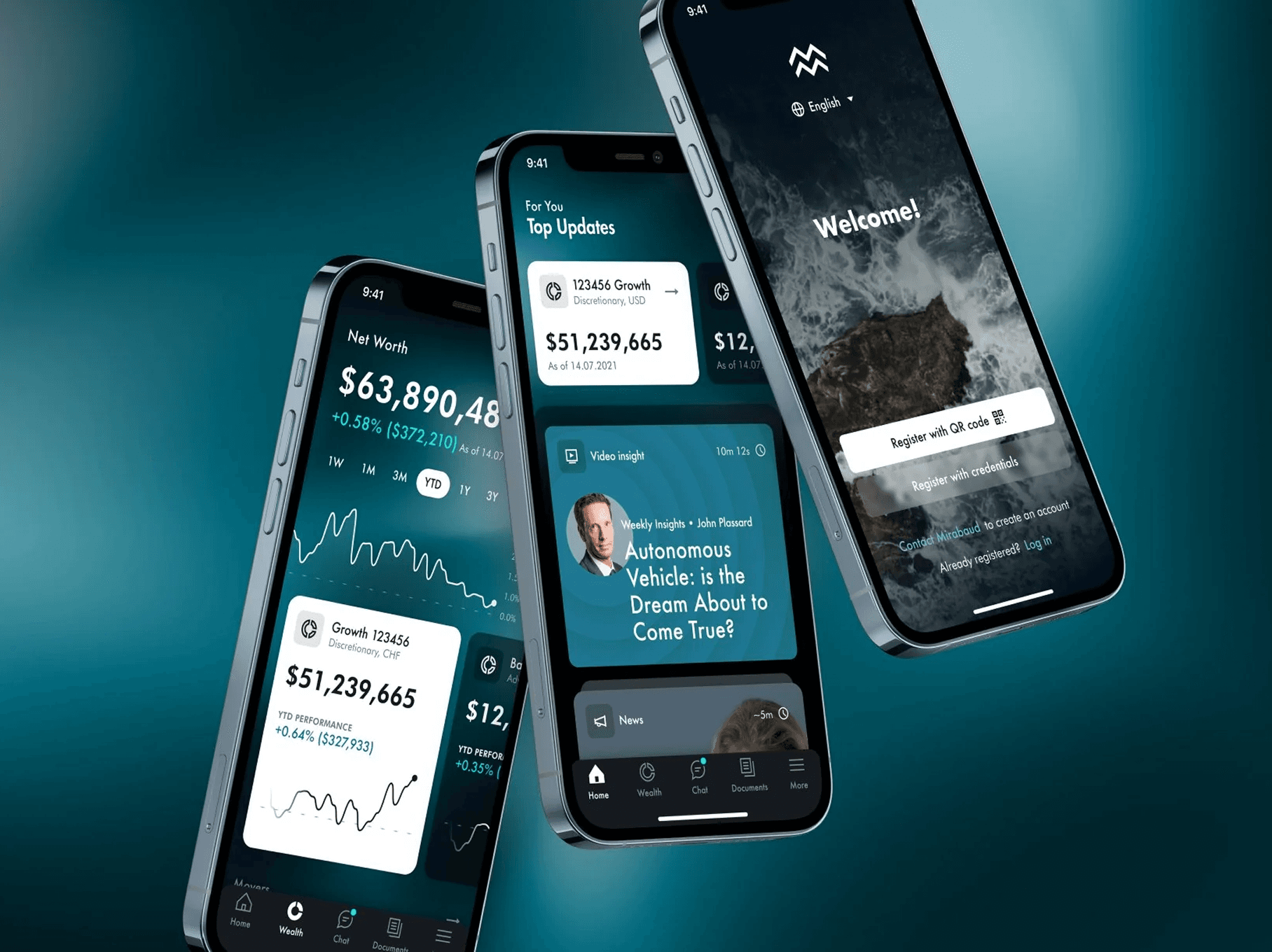 The private banking app on three phones: net worth, top updates and the welcome screen