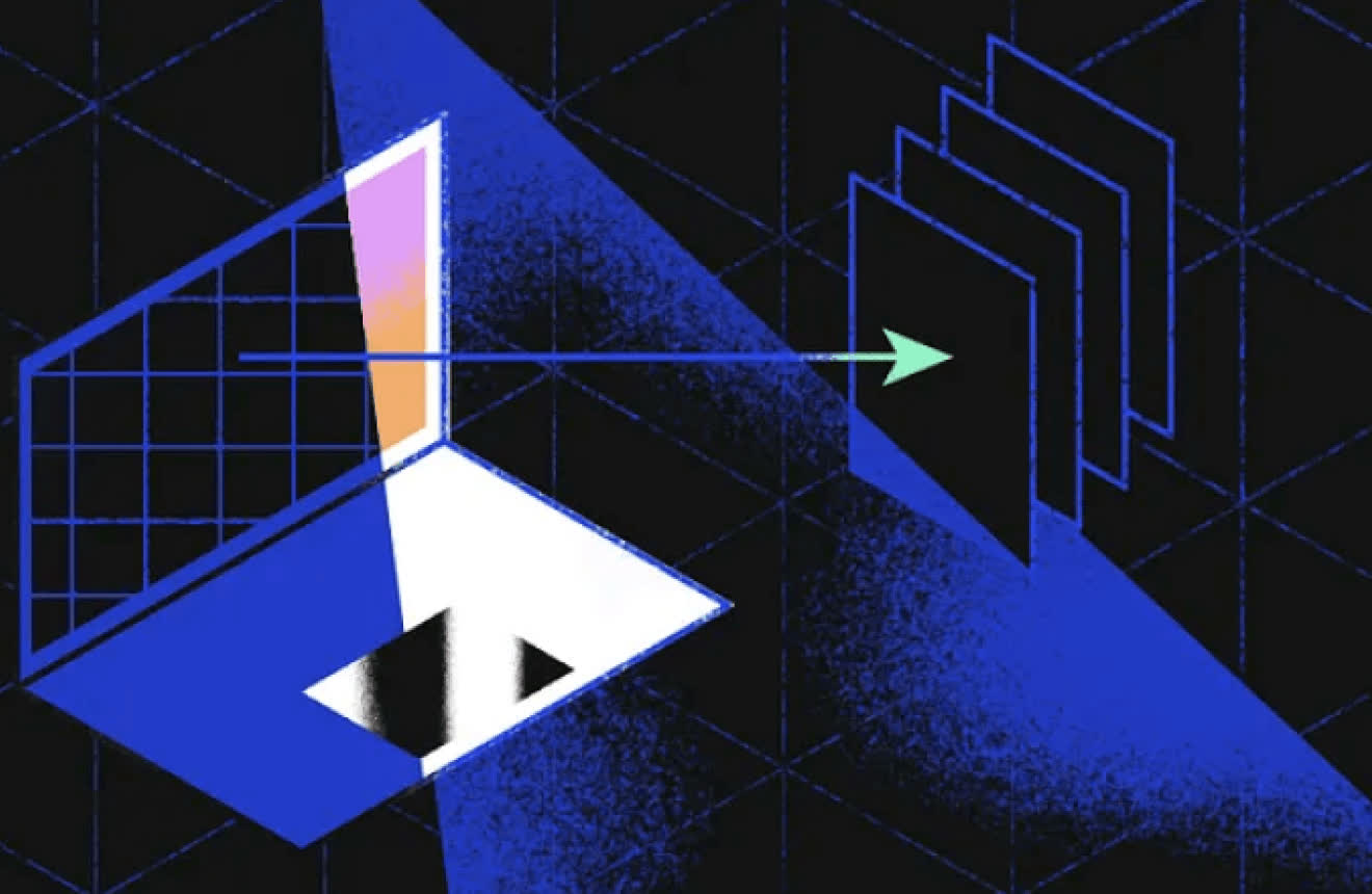 An abstract illustration: a concept passing through a prism and resolving into a stack of validated frames.